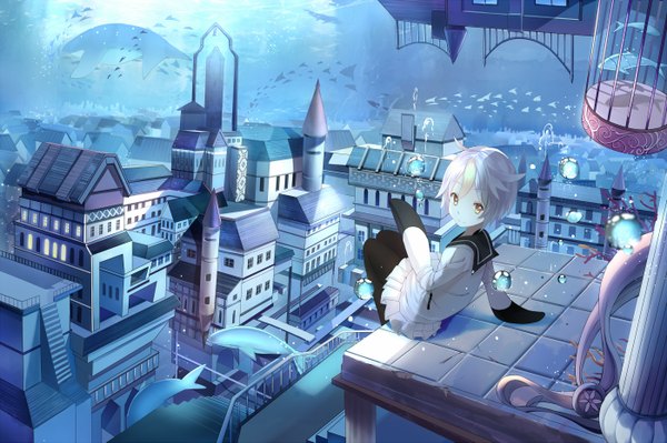 Anime picture 1400x933 with original yeluno meng single short hair sitting yellow eyes white hair underwater girl animal bubble (bubbles) fish (fishes) sailor suit whale