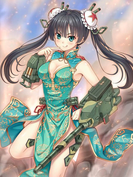 Anime picture 720x960 with original taiyou (artist) single tall image breasts light erotic black hair twintails green eyes traditional clothes official art hair bun (hair buns) chinese clothes cleavage cutout :p military personification mecha musume girl tongue