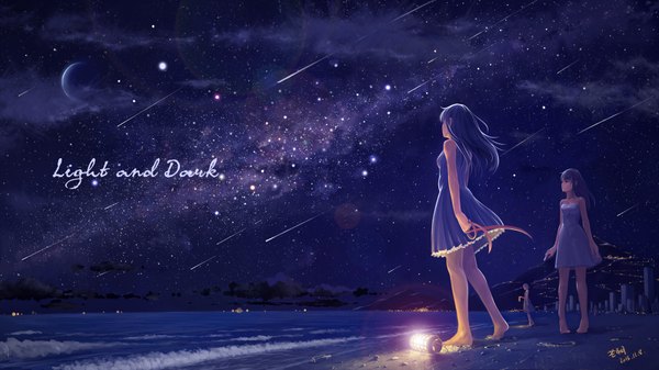 Anime picture 1920x1080 with original tyc001x long hair highres short hair black hair brown hair wide image multiple girls signed sky cloud (clouds) barefoot night night sky beach city mountain sand footprints