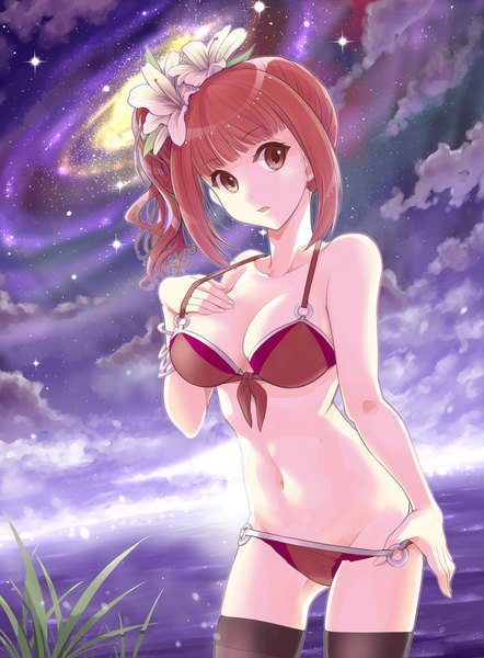 Anime picture 840x1140 with original kazu single tall image short hair breasts light erotic red eyes sky cloud (clouds) red hair hair flower girl thighhighs navel hair ornament flower (flowers) black thighhighs swimsuit bikini