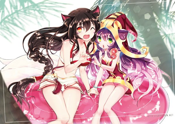 Anime picture 1000x707 with league of legends ahri (league of legends) lulu (league of legends) joypyonn long hair open mouth light erotic black hair red eyes multiple girls green eyes animal ears purple hair one eye closed wink pantyshot legs multiple tails girl underwear