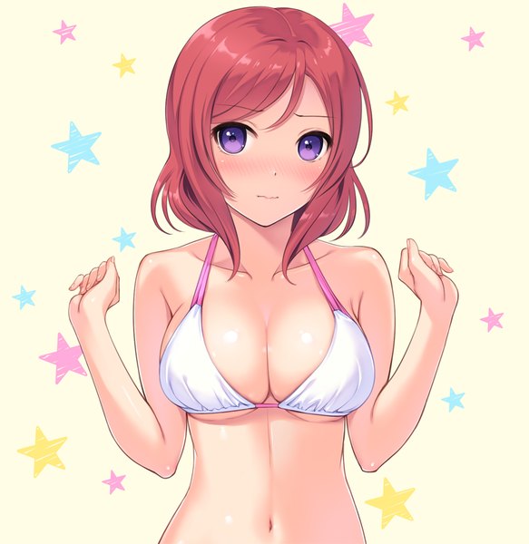 Anime-Bild 800x823 mit love live! school idol project sunrise (studio) love live! nishikino maki mignon single tall image looking at viewer blush fringe short hair breasts light erotic simple background large breasts white background purple eyes bare shoulders red hair arms up