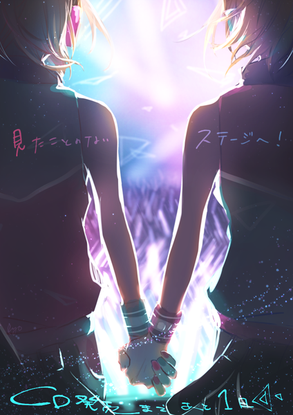 Anime picture 707x1000 with ensemble stars! aoi hinata aoi yuuta ryou (kaleidoscope) tall image short hair nail polish from behind orange hair multiple boys sleeveless text holding hands siblings twins brothers boy headphones 2 boys vest