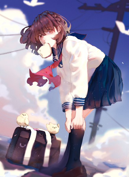 Anime picture 874x1200 with original atianshi single tall image looking at viewer short hair brown hair standing holding brown eyes sky cloud (clouds) full body leaning leaning forward mouth hold revision adjusting clothes adjusting legwear girl