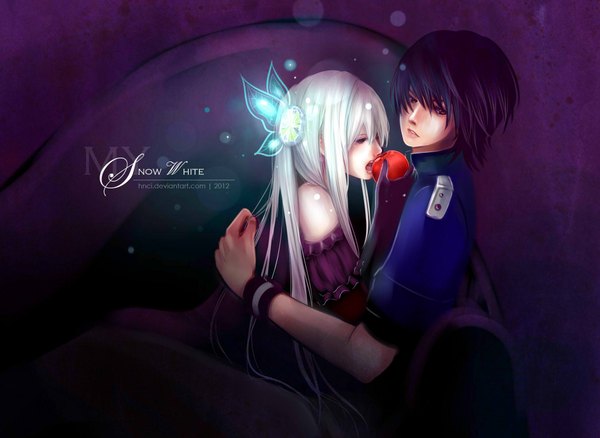 Anime picture 1954x1428 with original hnci long hair looking at viewer highres short hair open mouth black hair bare shoulders looking away white hair couple hug glow insect wings butterfly wings girl boy gloves hair ornament