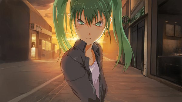 Anime picture 1024x576 with dennou coil vocaloid madhouse starbucks hatsune miku shiika sadamasa wide image twintails green eyes green hair angry casual parody perspective girl jacket