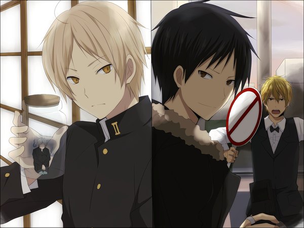 Anime picture 1075x805 with durarara!! natsume yuujinchou brains base (studio) orihara izaya heiwajima shizuo natsume takashi madara (nyanko-sensei) kaba (artist) short hair open mouth black hair blonde hair brown eyes yellow eyes crossover boy uniform school uniform bowtie vest