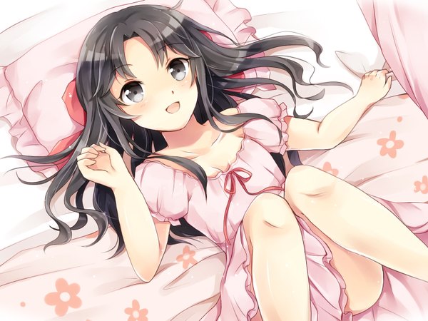 Anime picture 1440x1080 with original ayame (norie11) single long hair blush open mouth black hair lying black eyes girl dress