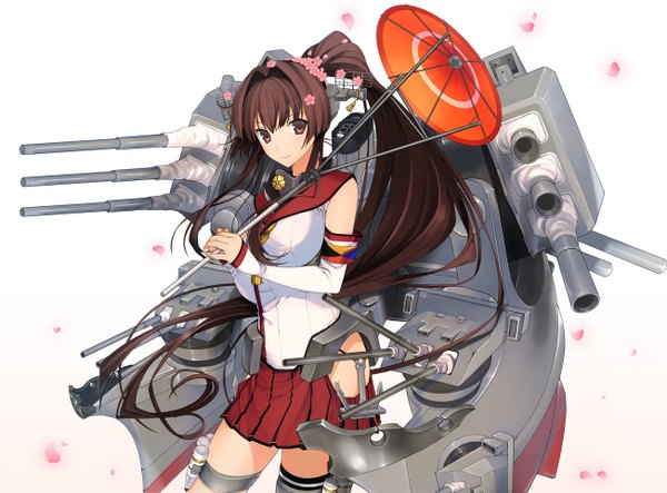 Anime picture 1301x962 with kantai collection yamato super battleship naruse hirofumi single long hair looking at viewer brown hair white background brown eyes ponytail girl skirt hair ornament flower (flowers) weapon detached sleeves petals umbrella
