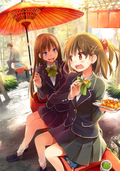Anime picture 3247x4599 with original eretto long hair tall image blush highres short hair open mouth blue eyes brown hair sitting multiple girls brown eyes absurdres half updo girl skirt uniform 2 girls plant (plants)