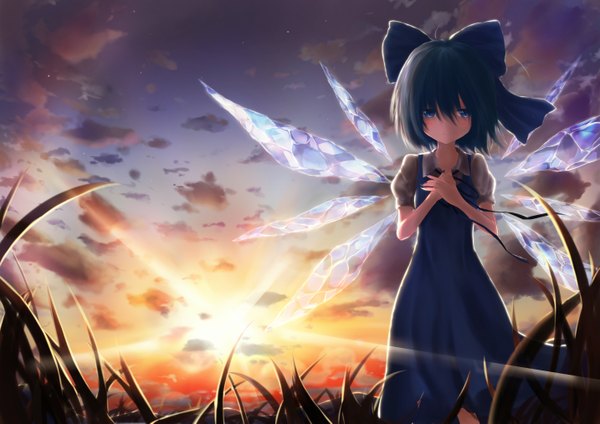 Anime picture 1433x1013 with touhou cirno yushika single short hair blue eyes blue hair cloud (clouds) evening sunset girl dress bow plant (plants) hair bow wings grass ice