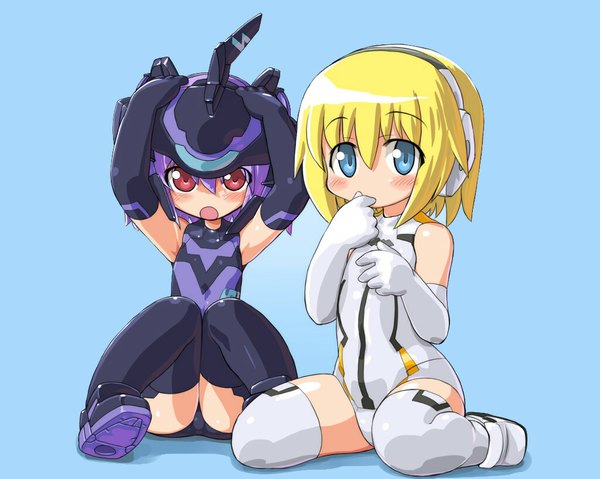 Anime picture 1024x819 with busou shinki blush short hair open mouth blue eyes light erotic blonde hair simple background red eyes multiple girls purple hair blue background girl gloves 2 girls elbow gloves bodysuit