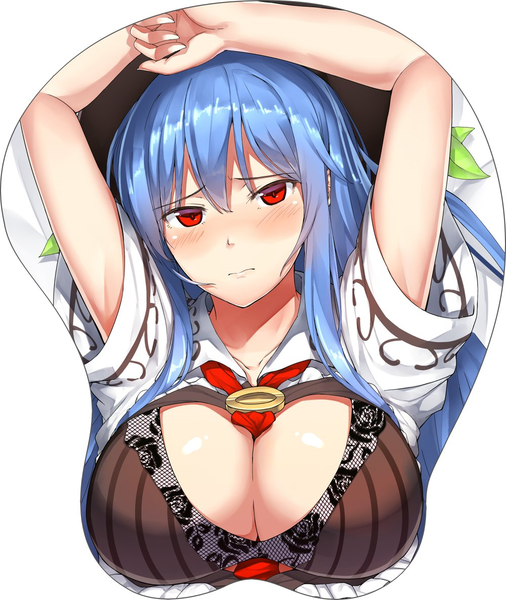 Anime picture 1000x1186 with touhou hinanawi tenshi neropaso single long hair tall image looking at viewer blush breasts light erotic red eyes large breasts white background blue hair upper body arms up undressing shirt lift lace-trimmed bra breast mousepad