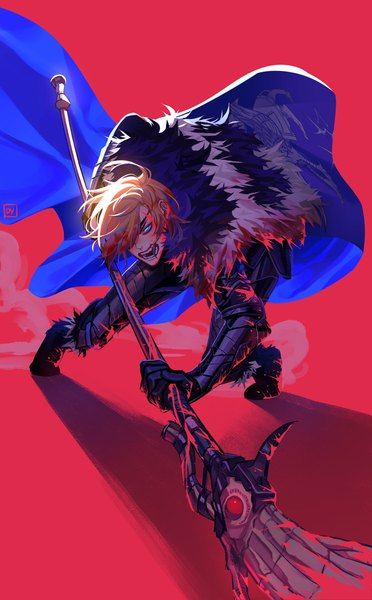 Anime picture 1760x2842 with fire emblem fire emblem: three houses nintendo dimitri alexandre blaiddyd ohkarakuri single tall image looking at viewer fringe highres short hair open mouth blue eyes simple background blonde hair hair between eyes holding teeth fur trim shaded face