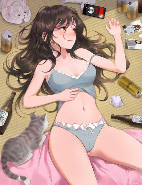Anime picture 3146x4096 with original chowbie single long hair tall image blush fringe highres breasts light erotic hair between eyes brown hair bare shoulders signed yellow eyes looking away absurdres indoors lying fingernails