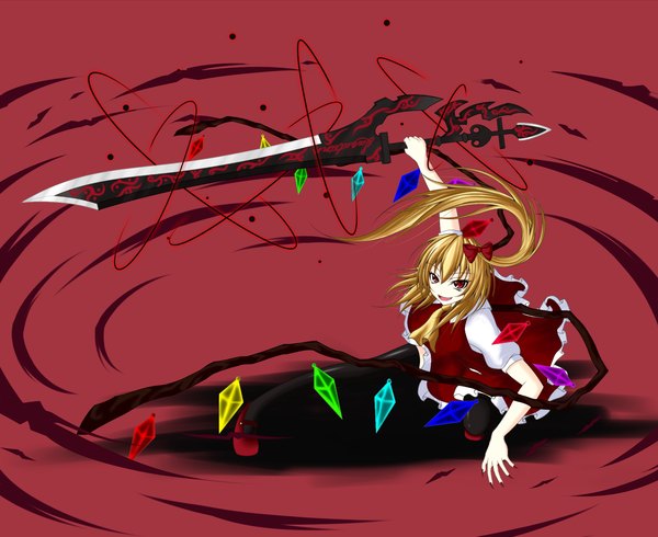Anime picture 1500x1227 with touhou flandre scarlet gmot single long hair blonde hair smile red eyes nail polish one side up girl thighhighs dress bow weapon black thighhighs sword wings laevatein (touhou)