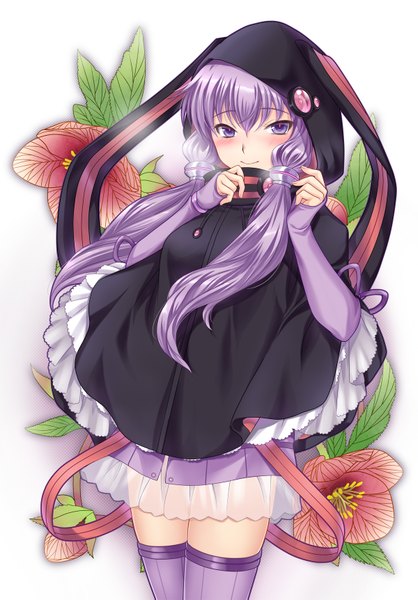 Anime picture 1200x1723 with vocaloid yuzuki yukari kogaran single long hair tall image looking at viewer blush simple background smile purple eyes twintails animal ears purple hair long sleeves bunny ears low twintails sleeves past wrists girl thighhighs