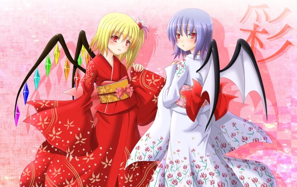 Anime picture 1330x840 with touhou flandre scarlet remilia scarlet red eyes multiple girls girl 2 girls wings yukata