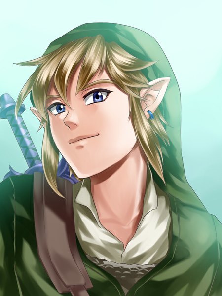 Anime picture 750x1000 with the legend of zelda link wasabi (legemd) single tall image looking at viewer short hair blue eyes blonde hair elf boy weapon earrings sword hood