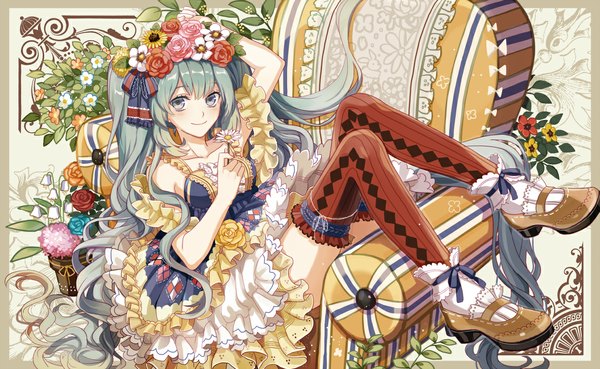 Anime picture 1139x701 with vocaloid hatsune miku michi (iawei) single looking at viewer wide image twintails very long hair hair flower aqua eyes aqua hair girl thighhighs dress hair ornament flower (flowers) shoes frills armchair