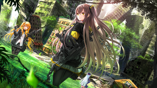 イラスト 1920x1080 と ドールズフロントライン hk416 (girls frontline) ump45 (girls frontline) ump9 (girls frontline) g11(ドールズフロントライン) 刃天 長髪 カメラ目線 赤面 前髪 highres 開いた口 笑顔 hair between eyes 赤い目 wide image 立つ ツインテール multiple girls 黄色眼