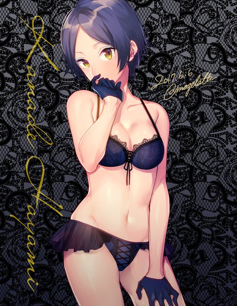 Anime picture 661x850 with idolmaster idolmaster cinderella girls hayami kanade momoiro oji single tall image looking at viewer fringe short hair breasts light erotic standing bare shoulders signed yellow eyes blue hair cleavage character names underwear only twitter username
