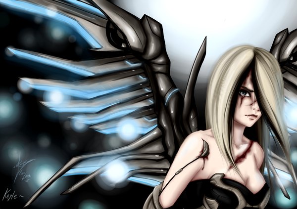 Anime picture 3400x2400 with league of legends kayle (league of legends) zackargunov single long hair looking at viewer fringe highres bare shoulders absurdres lips grey hair hair over one eye scar silver eyes mechanical wings girl wings blood
