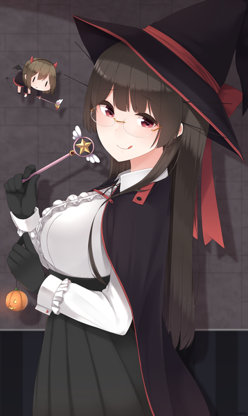 Anime picture 2500x4181 with kantai collection choukai heavy cruiser fairy (kantai collection) yukichi (sukiyaki39) long hair tall image looking at viewer highres black hair smile red eyes halloween girl dress gloves hat black gloves glasses witch hat