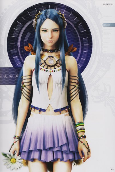 Anime picture 3492x5200 with final fantasy xiii yeul single tall image looking at viewer highres black hair standing bare shoulders green eyes absurdres very long hair scan 3d girl skirt navel hair ornament flower (flowers) bracelet
