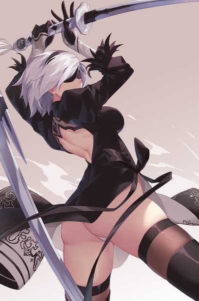 Anime picture 1195x1800 with nier nier:automata yorha no. 2 type b nian (zhanian) single tall image short hair light erotic holding ass white hair from behind arms up puffy sleeves bare back covered mouth blindfold girl thighhighs dress