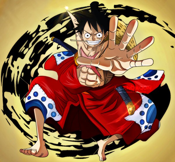 Anime picture 4096x3790 with one piece toei animation monkey d. luffy amanomoon single looking at viewer fringe highres short hair black hair simple background smile holding signed absurdres full body traditional clothes japanese clothes barefoot black eyes