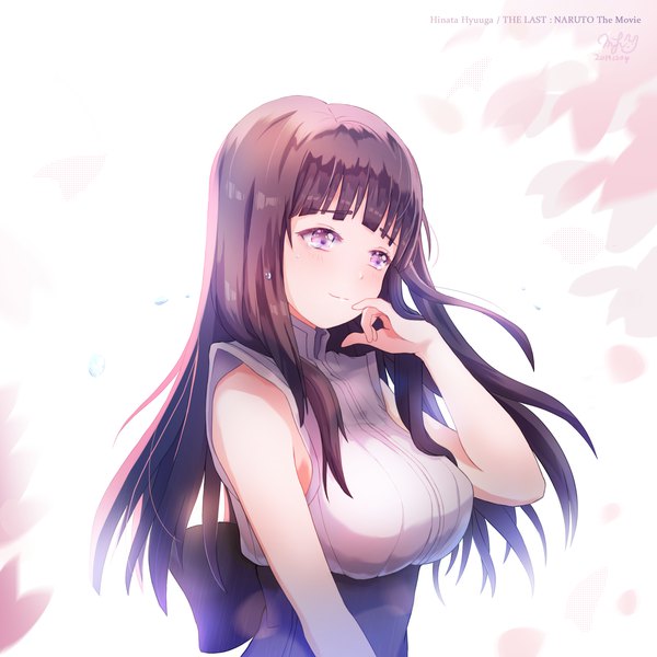 Anime picture 2400x2400 with naruto studio pierrot naruto (series) hyuuga hinata rainyforesty single long hair blush fringe highres breasts simple background brown hair large breasts white background purple eyes bare shoulders signed payot looking away