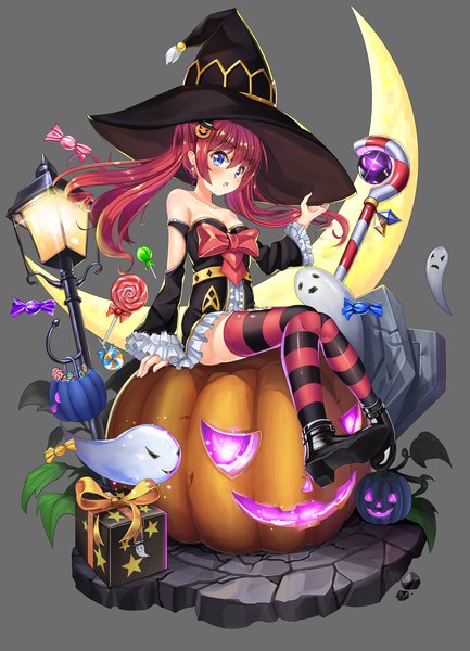 Anime picture 3036x4200 with original 2drr single long hair tall image looking at viewer highres breasts blue eyes sitting twintails bare shoulders absurdres cleavage red hair parted lips grey background high heels striped halloween