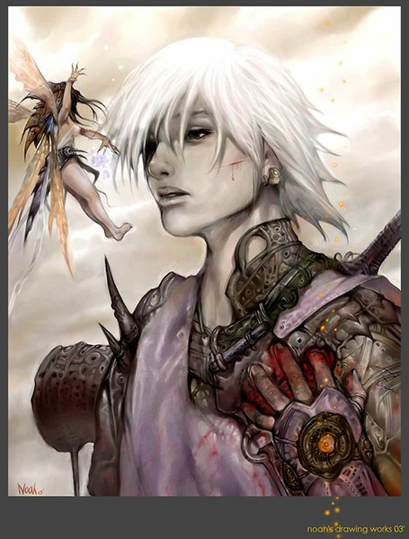 Anime picture 610x805 with original noah-kh long hair tall image short hair brown hair cloud (clouds) white hair barefoot black eyes spread arms pale skin flying face to face fantasy injury fairy bleeding cuts girl
