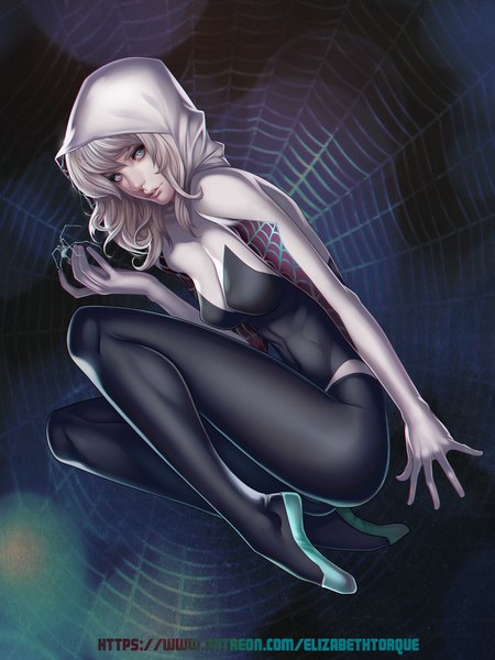 Anime picture 787x1050 with marvel comics gwen stacy spider-gwen elizabeth torque (hioutsider-studio) single tall image looking at viewer fringe short hair breasts blue eyes lips grey hair superhero girl hood bodysuit spider web