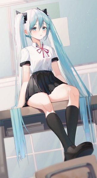 Anime picture 2671x4905 with vocaloid hatsune miku shurb single tall image looking at viewer blush fringe highres hair between eyes sitting twintails payot full body indoors very long hair pleated skirt aqua eyes aqua hair arm support