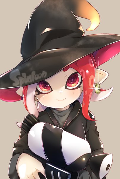 Anime picture 1378x2039 with splatoon splatoon 2 nintendo octoling yunekoko single tall image looking at viewer short hair simple background smile red eyes upper body red hair grey background sparkle copyright name piercing ear piercing tentacle hair