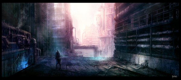 Anime picture 1288x572 with original moonworker1 seung jin woo wide image city border cityscape wire (wires)
