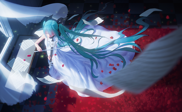 Anime picture 1298x800 with vocaloid hatsune miku maredoro single wide image twintails eyes closed very long hair wind aqua hair depth of field checkered floor floor playing instrument girl dress ribbon (ribbons) hair ribbon petals window