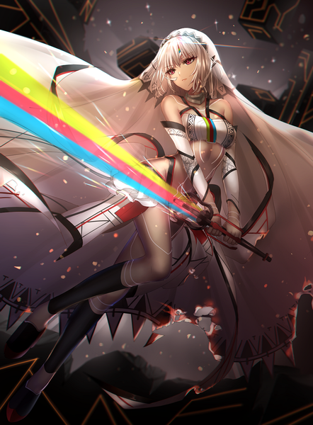 Anime picture 800x1086 with fate (series) fate/grand order fate/extra fate/extella altera (fate) mallizmora single tall image fringe short hair light erotic hair between eyes red eyes bare shoulders holding looking away white hair torn clothes dark skin bodypaint