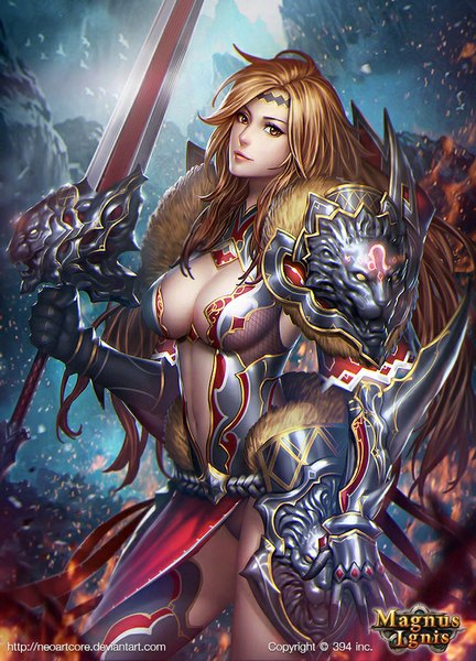 Anime picture 640x889 with magnus ignis (game) lionessa the beast goddess nudtawut thongmai single long hair tall image looking at viewer breasts light erotic brown hair large breasts holding brown eyes cleavage realistic official art copyright name fur trim watermark side slit