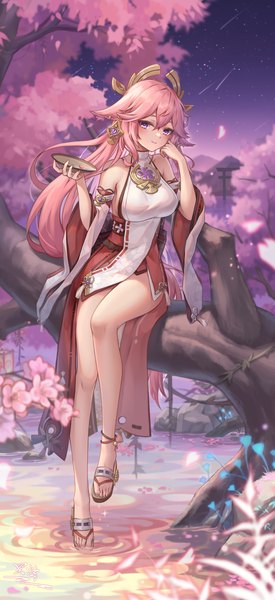 Anime picture 1574x3440 with genshin impact yae miko yelan xing xuan single long hair tall image looking at viewer blush fringe breasts light erotic hair between eyes large breasts sitting purple eyes bare shoulders holding signed animal ears pink hair