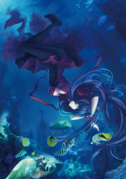 Anime picture 1414x2000 with original skade long hair tall image green eyes purple hair underwater girl dress pantyhose water bubble (bubbles) fish (fishes)