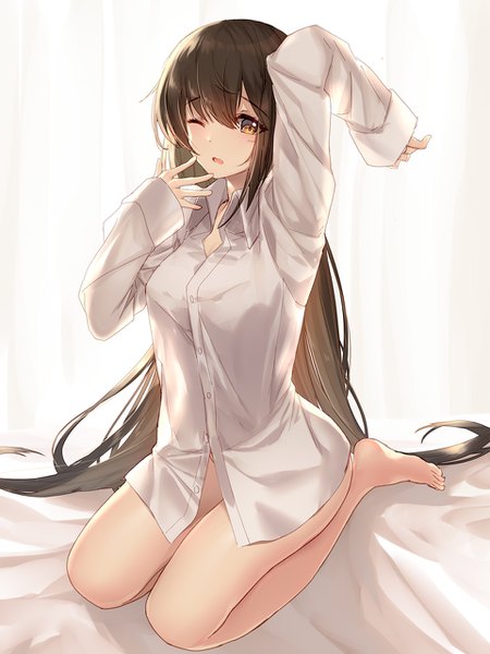 Anime picture 960x1280 with warship girls r hermes (warship girls r) bison cangshu single long hair tall image looking at viewer blush fringe breasts open mouth light erotic simple background hair between eyes brown hair white background sitting brown eyes full body one eye closed