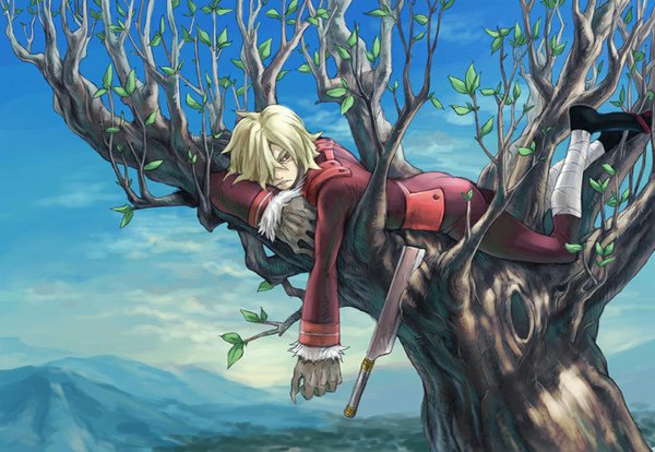 Anime picture 1024x707 with tengen toppa gurren lagann gainax viral shirokimo single fringe short hair blonde hair yellow eyes sky cloud (clouds) lying hair over one eye teeth mountain sharp teeth boy weapon plant (plants) tree (trees)