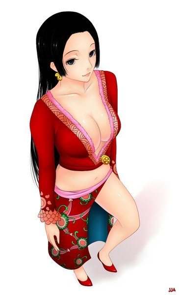 Anime picture 700x1150 with one piece toei animation boa hancock khalitzburg single long hair tall image light erotic black hair simple background white background cleavage black eyes girl navel earrings