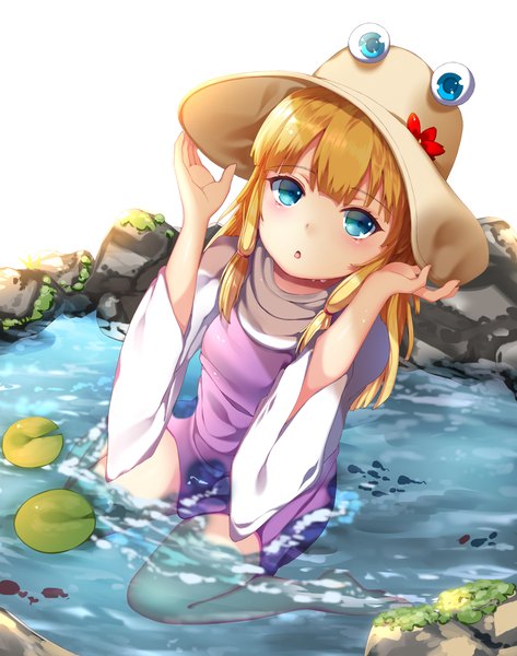 Anime picture 1500x1900 with touhou moriya suwako papo single long hair tall image blush fringe blue eyes blonde hair white background looking away from above partially submerged girl hat water