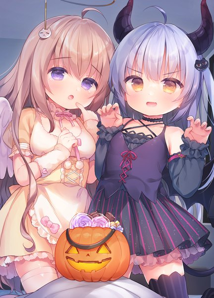 Anime picture 1000x1387 with original usashiro mani long hair tall image looking at viewer open mouth blonde hair purple eyes multiple girls yellow eyes silver hair ahoge horn (horns) loli finger to mouth halloween girl thighhighs dress 2 girls