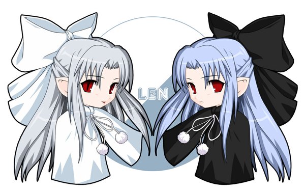 Anime picture 1080x675 with shingetsutan tsukihime melty blood type-moon len (tsukihime) white len long hair looking at viewer red eyes wide image blue hair white hair pointy ears half updo twins albino ribbon (ribbons)