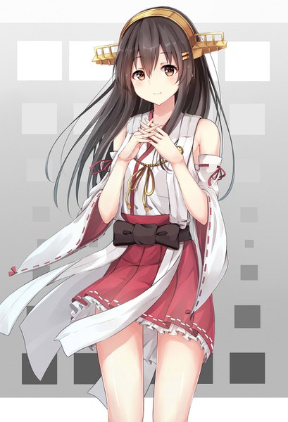 Anime picture 922x1353 with kantai collection haruna battleship ym (distance819) single long hair tall image looking at viewer blush fringe black hair smile hair between eyes bare shoulders brown eyes traditional clothes japanese clothes pleated skirt wide sleeves frilly skirt interlocked fingers